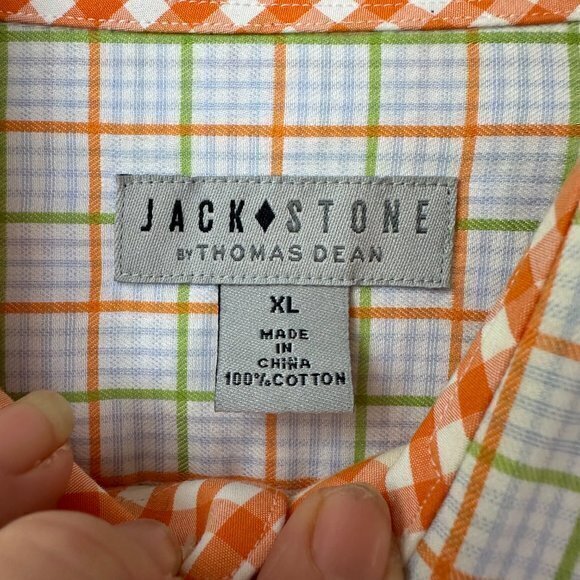 JACK STONE BY THOMAS DEAN button up shirt men XL orange green plaid flip cuff - Picture 5 of 6